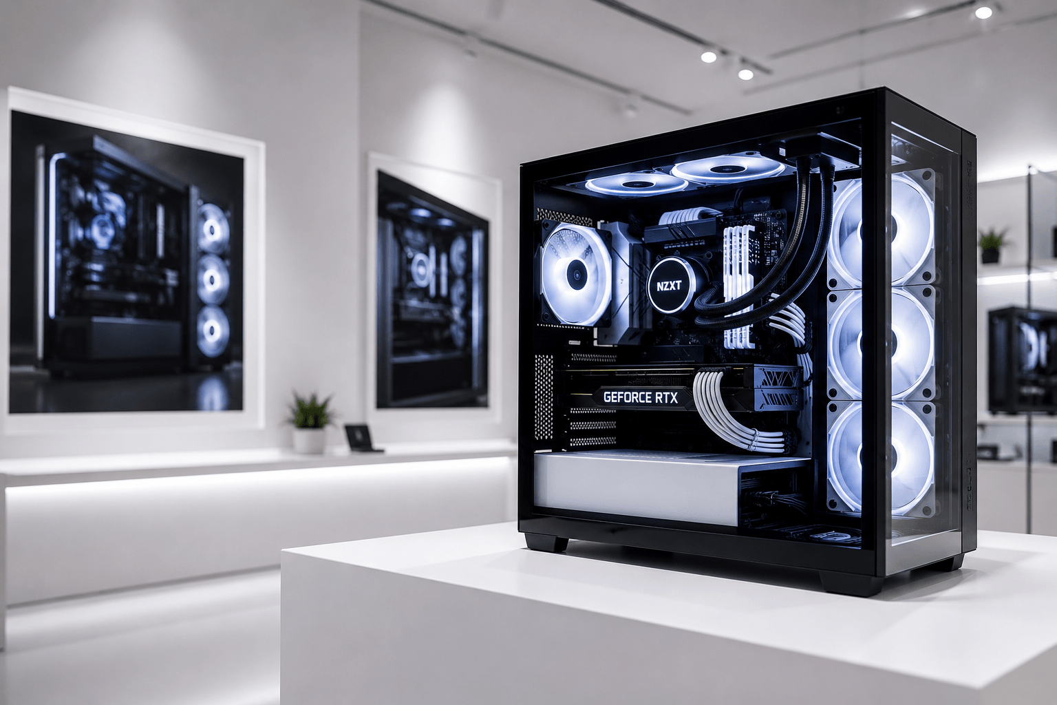 A clean high-end GüzTech custom gaming PC in a bright showroom