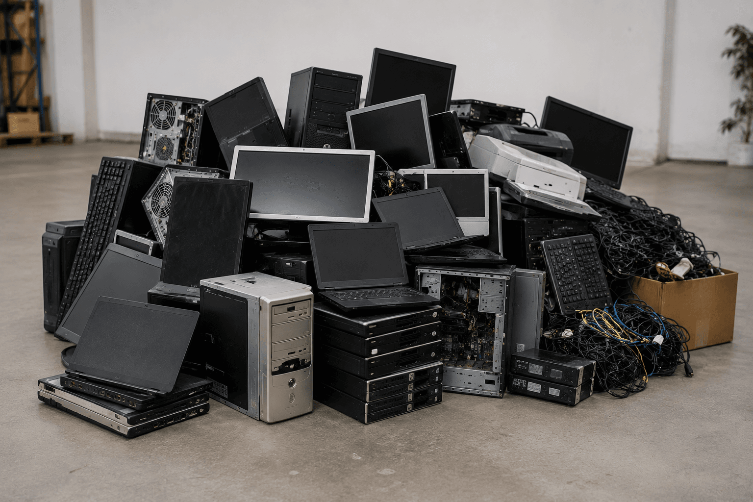 GüzTech electronics recycling pickup with computers, monitors, and office tech ready for reuse